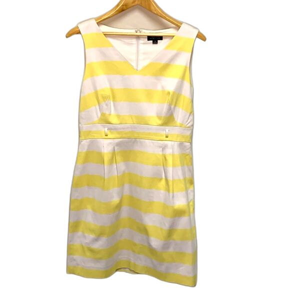 Tahari Yellow White Stripe Cotton Pique V-Neck Sleeveless Knee Length Dress 10 - Picture 3 of 13